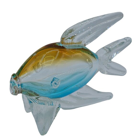 Blown Glass Fish Figurine With Ombre Orange & Blue Tones Clear Glass Fins Tail - Picture 1 of 4